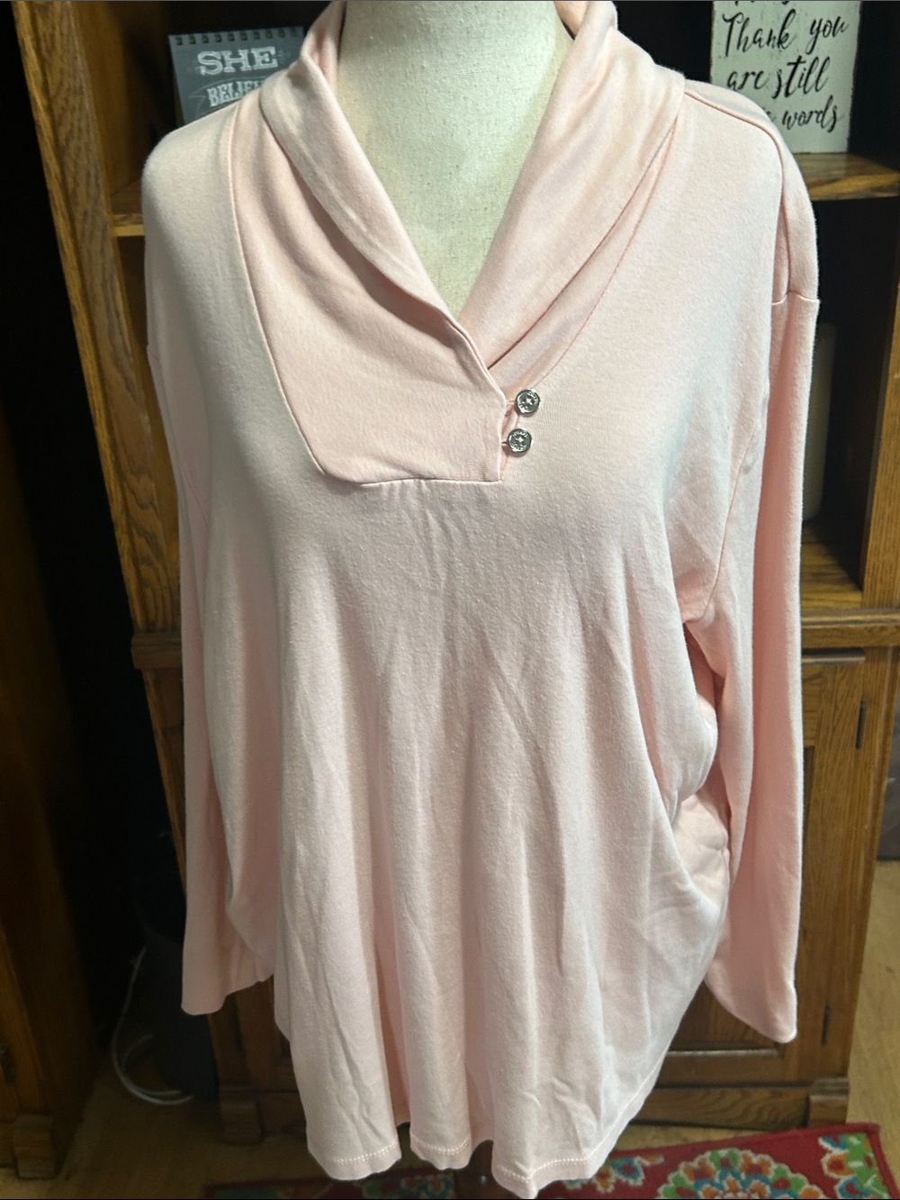 Chaps Light Pink Long Sleeve Cowl Neck Top with Button Accents Size XL